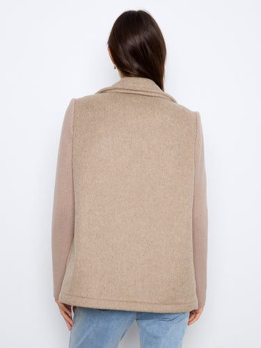 Chic taupe jacket with stylish notched lapel collar, crafted in a warm wool blend with functional slash pockets by Charlie B.