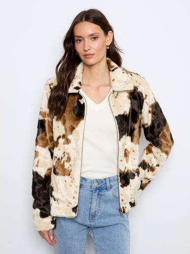 Cow print faux fur jacket with a shirt collar and zip-front closure, providing a stylish and cozy look by Charlie B.
