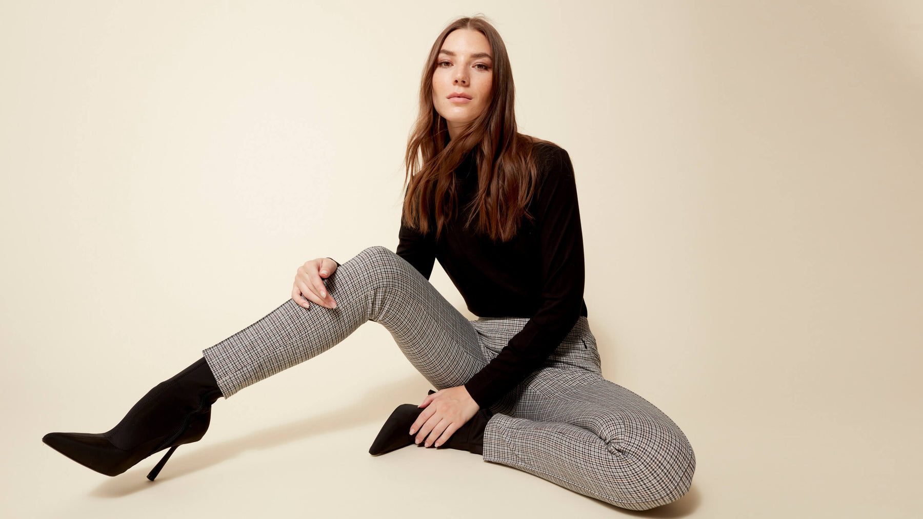 Women's Workwear Editorial - Cinnamon Smooth Stretch Plaid Pull-On Pants - Charlie B Collection