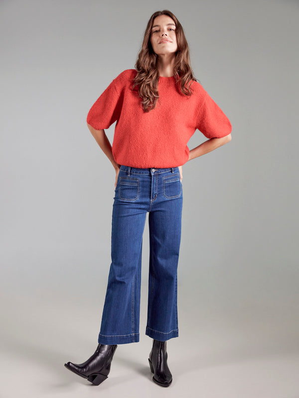 Balloon Elbow Sleeve Knit Sweater - Crimson