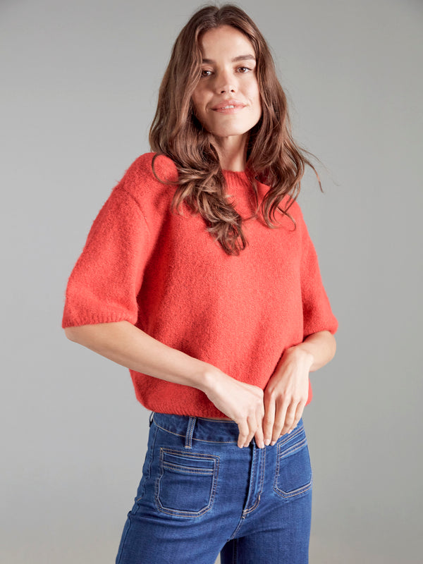 Balloon Elbow Sleeve Knit Sweater - Crimson