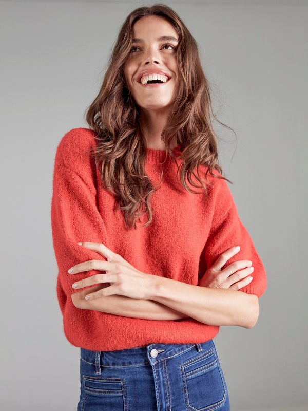 Balloon Elbow Sleeve Knit Sweater - Crimson