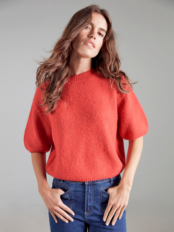 Balloon Elbow Sleeve Knit Sweater - Crimson