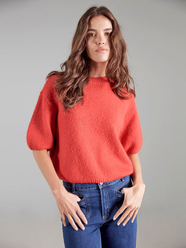 Balloon Elbow Sleeve Knit Sweater - Crimson