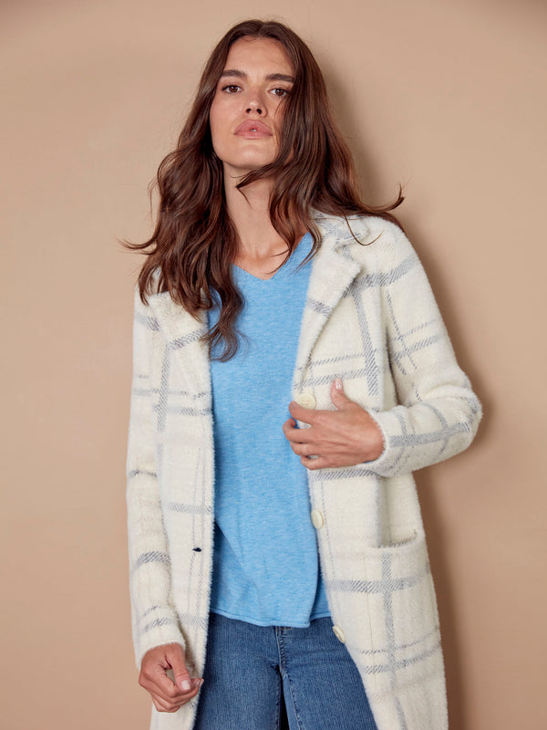 Long Plaid Knit Coatigan - Ivory