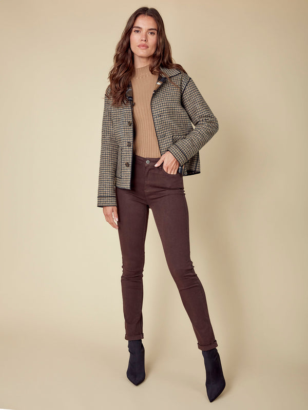 Plaid cocoa jacket with functional patch pockets, blending fashion and utility seamlessly by Charlie B.