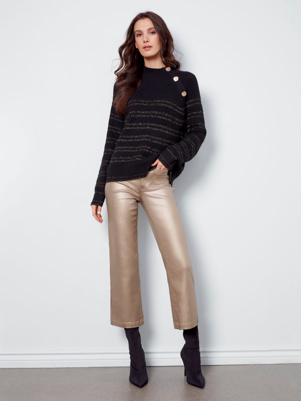 Fashion-forward black sweater with eye-catching gold metallic stripes and stylish button accents by Charlie B.