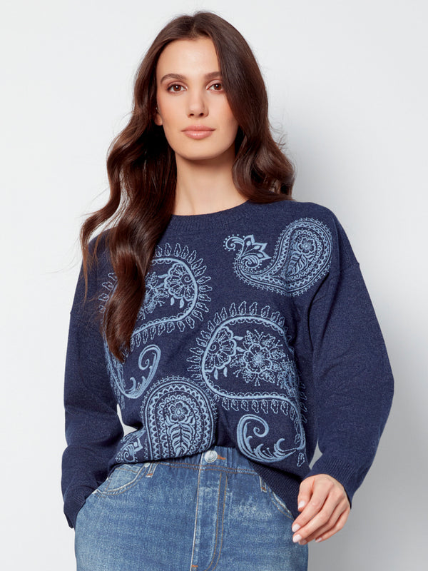 Paisley Embroidered Crew Neck Sweater - Heather Denim