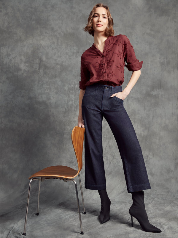 Floral Appliqué Button-Up Blouse - Cabernet