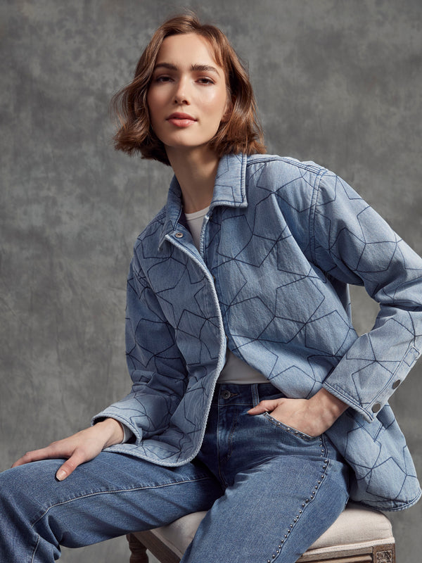 Star Quilted Denim Jacket - Light Blue