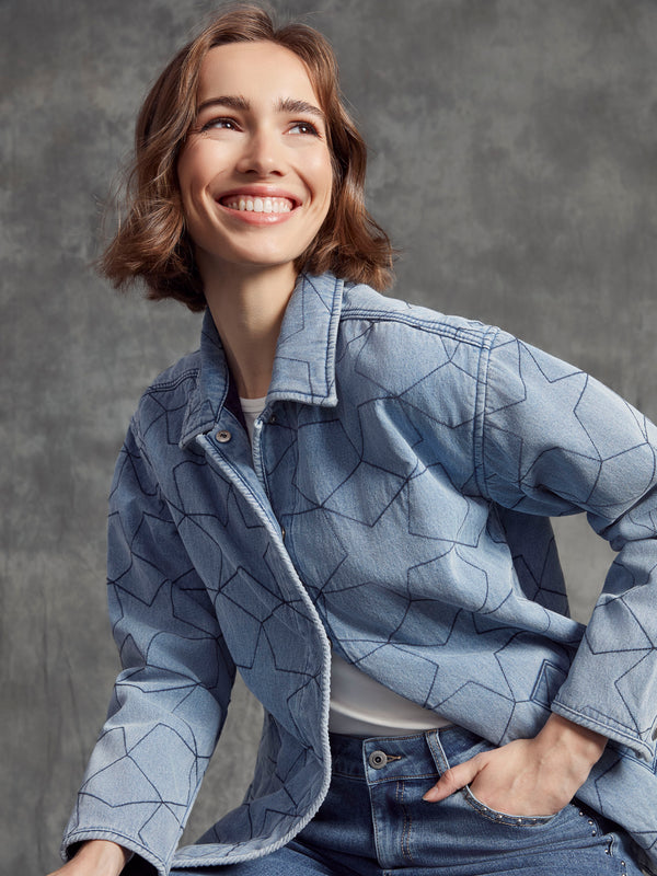 Star Quilted Denim Jacket - Light Blue