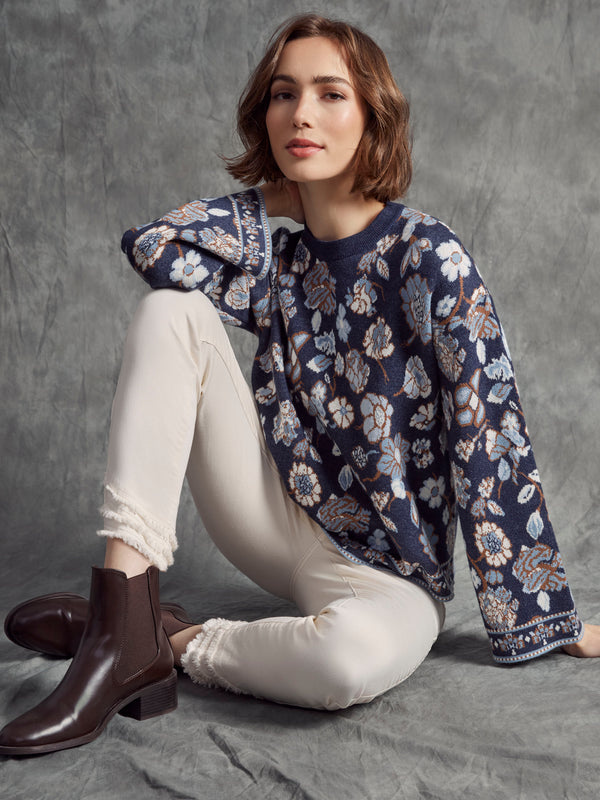 Crew Neck Jacquard Sweater - Floral