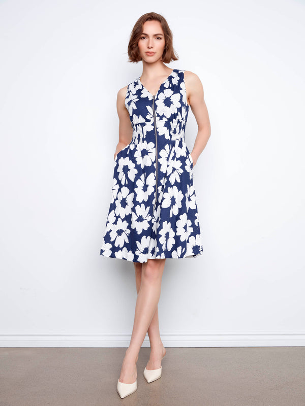 Cotton Voile Printed Front-Zip Dress - Dahlia