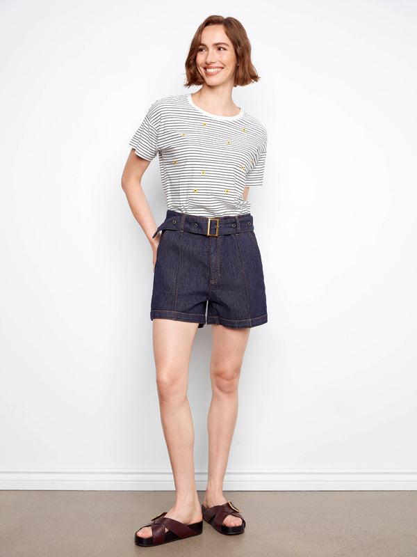 Belted Stretch Denim Shorts - Deep Blue