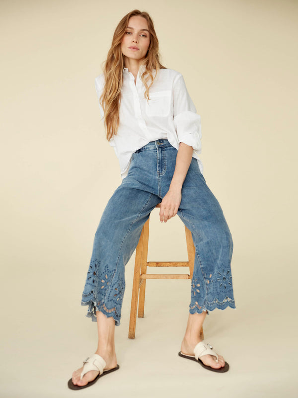 Wide Leg Jeans With Scalloped Eyelet Hem - Medium Blue