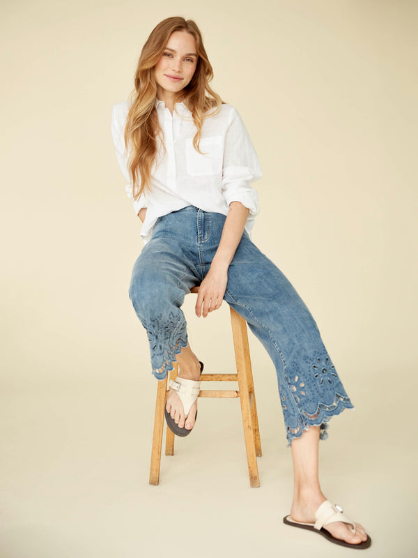 Wide Leg Jeans With Scalloped Eyelet Hem - Medium Blue