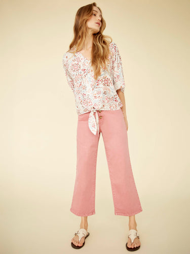 Front Button-Fly Crop Twill Pants - Carnation