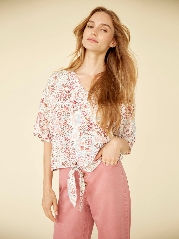 Printed Popover Blouse With Front Tie - Bea