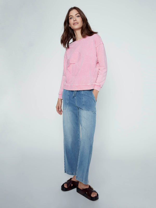 Knit Denim Wide Leg Jogger Pants - Medium Blue