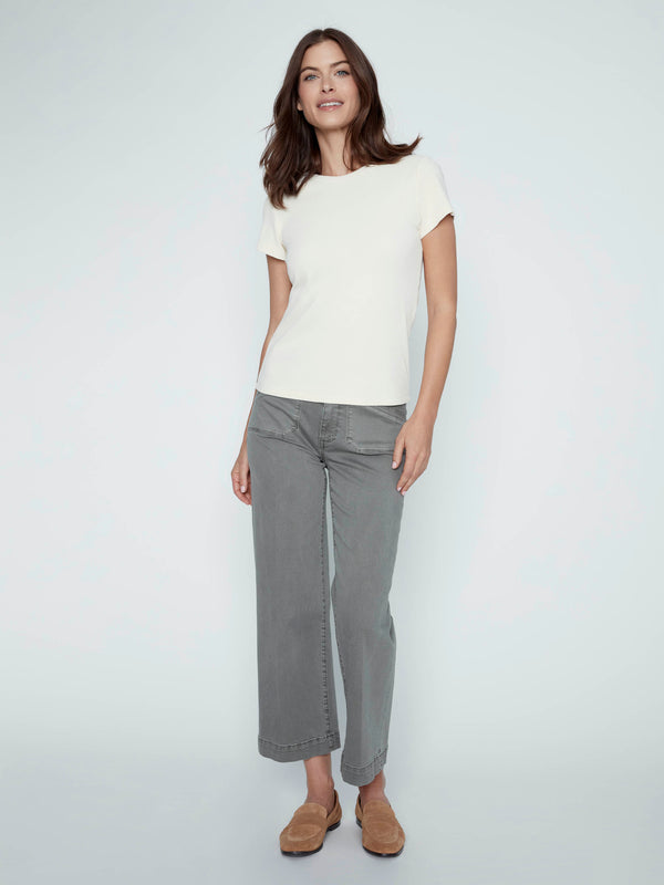 Cropped Wide Leg Stretch Twill Jeans - Sage