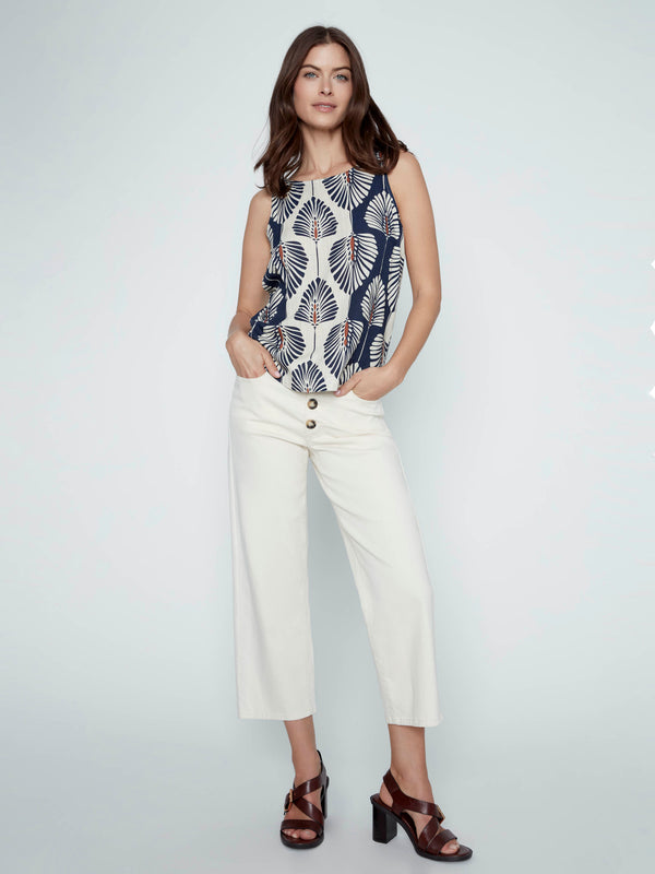 Printed Sleeveless Linen Blend Blouse - Tahiti