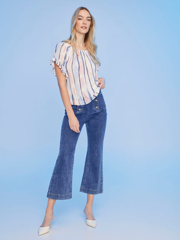 Printed Short Sleeve Peasant Blouse - Nautical