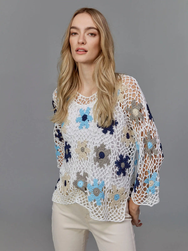 Handcrafted Floral Crochet Top - Blue