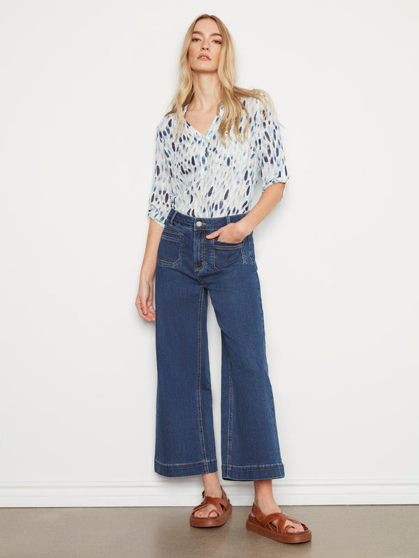 Printed Cotton Gauze Half-Button Blouse - Blue
