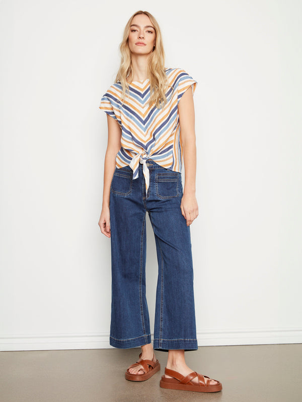 Striped Linen Blend Tie-Front Blouse - Denim