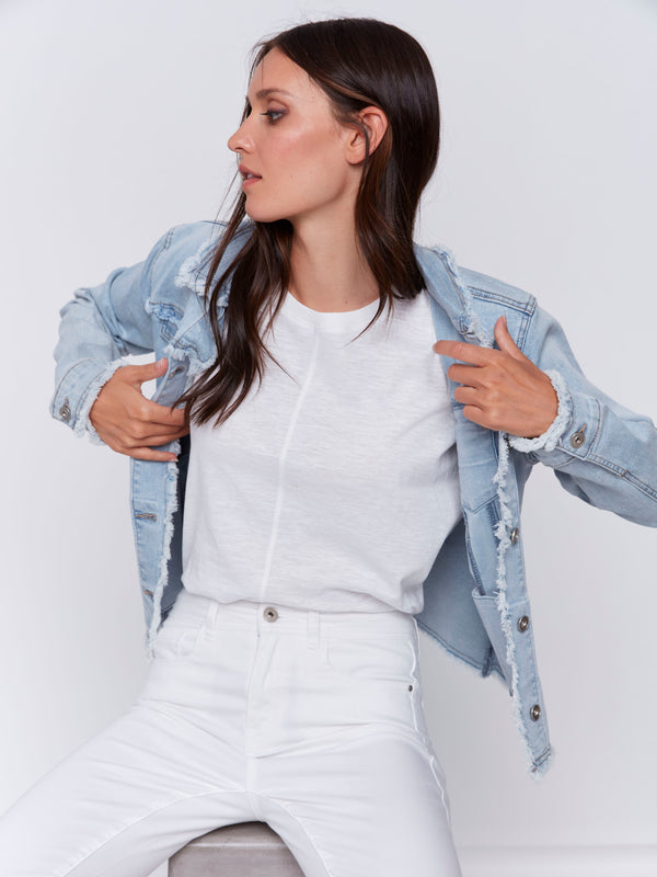 Frayed Edge Stretch Denim Jacket - Bleach Blue