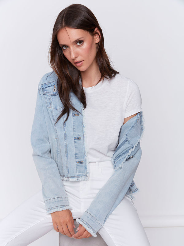 Frayed Edge Stretch Denim Jacket - Bleach Blue