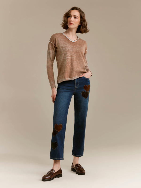 Vintage Effect V-Neck Sweater Truffle