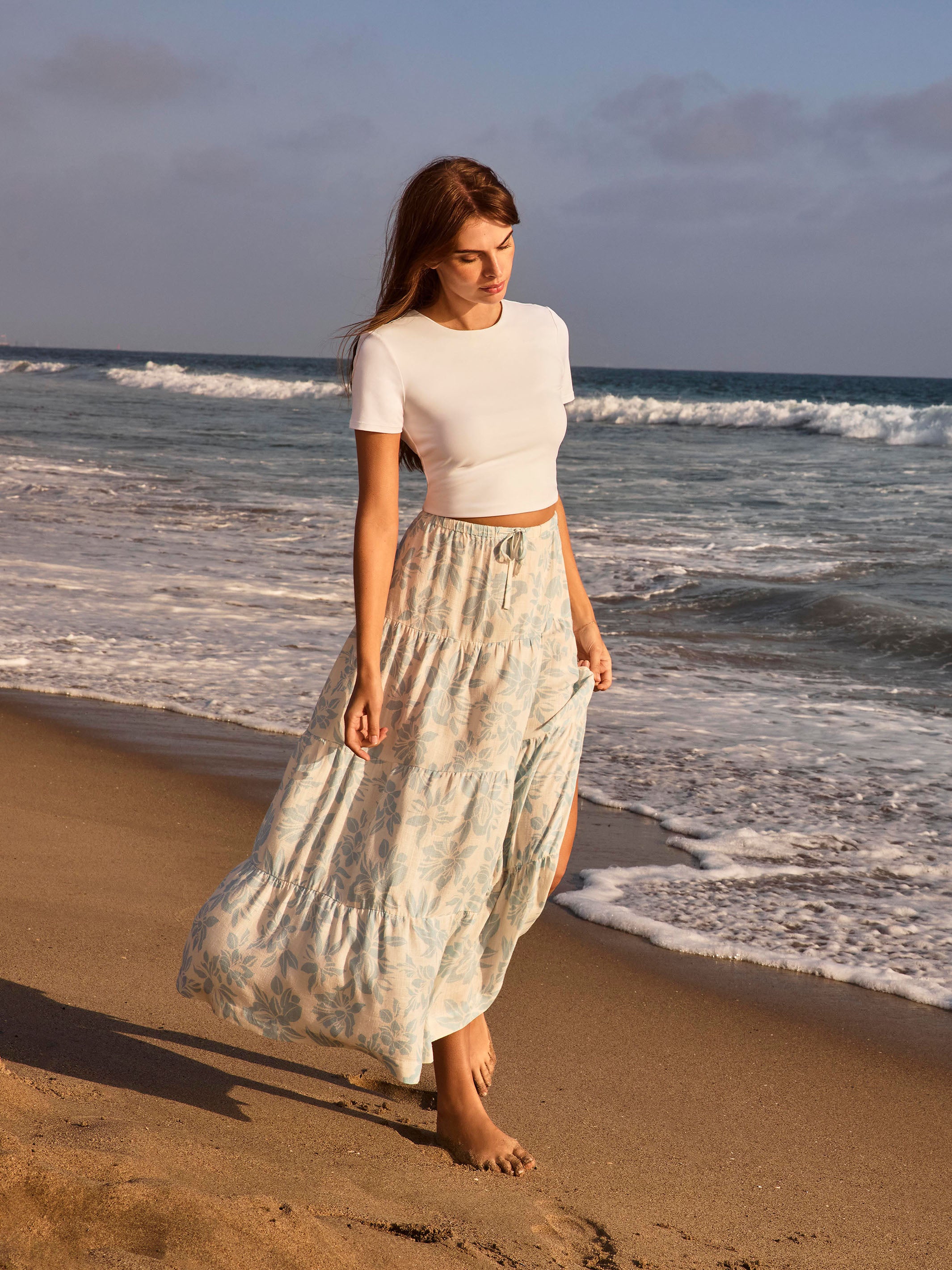 Maxi floral tiered skirt with drawstring detail and side slit by Charlie B.