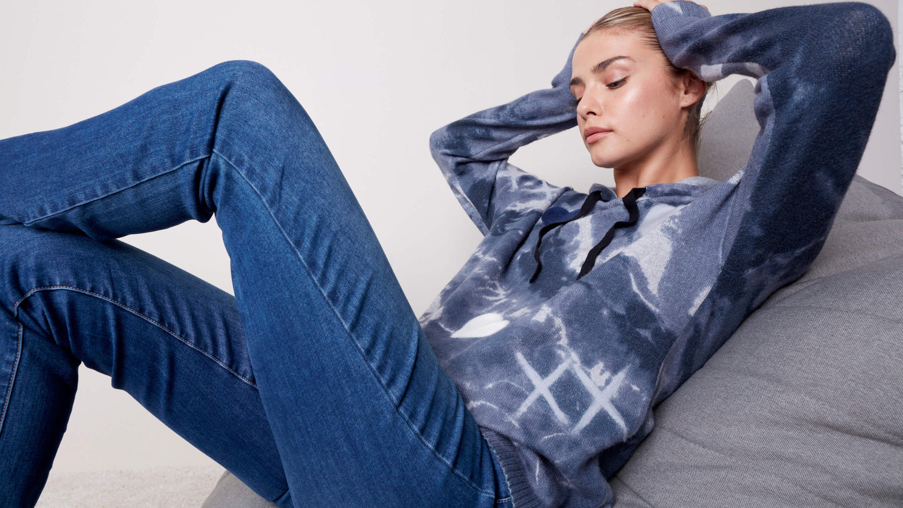 Hooded Sweater with Graffiti Print Denim - Women's Sweater Edit - Charlie B Collection