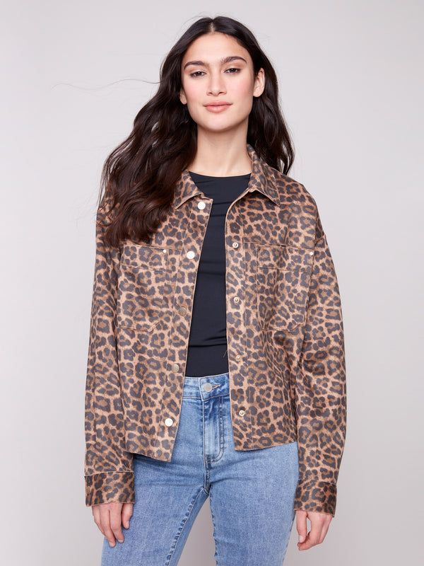 Leopard print jacket with a stylish shirt collar, featuring button cuffs for added flair by Charlie B.
