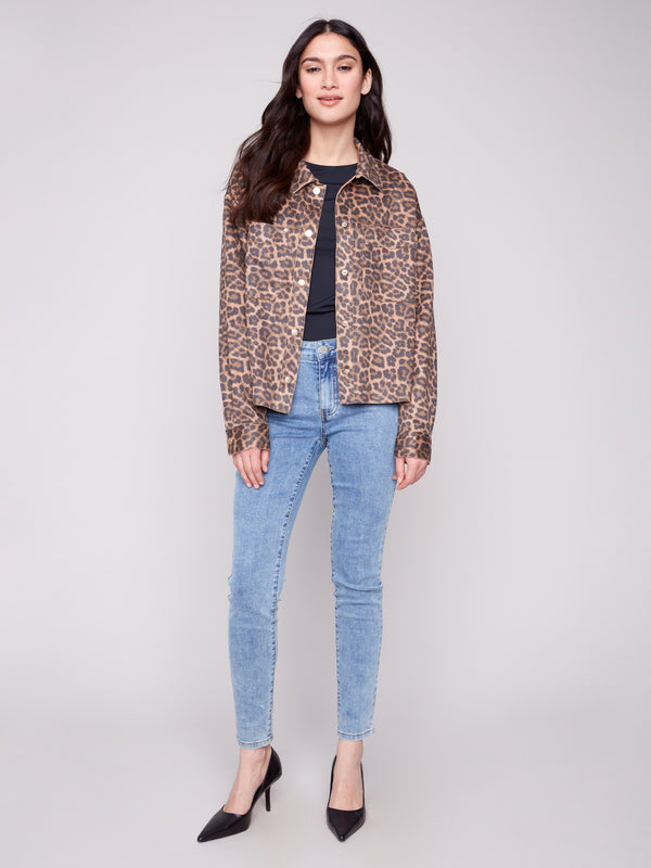 Chic leopard print jacket showcasing snap button closure and a trendy short length by Charlie B.