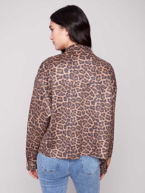 Stylish leopard print jacket designed with snap button closure and comfortable short length by Charlie B.