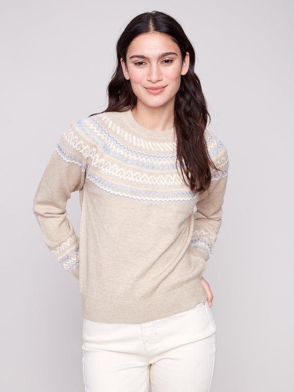 Heather oat jacquard sweater featuring a classic crew neck and stylish embroidered pattern for an elegant touch by Charlie B.