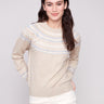 Heather oat jacquard sweater featuring a classic crew neck and stylish embroidered pattern for an elegant touch by Charlie B.