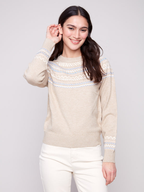 Chic heather oat jacquard sweater showcasing a lovely crew neck with detailed embroidery accents by Charlie B.