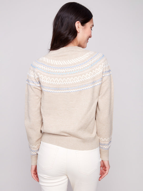 Stylish heather oat sweater with raglan sleeves and a unique embroidered pattern, ideal for any occasion by Charlie B.
