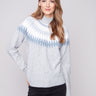 Light grey sweater with a geometric jacquard pattern and cozy mock neck, offering a stylish relaxed fit by Charlie B.