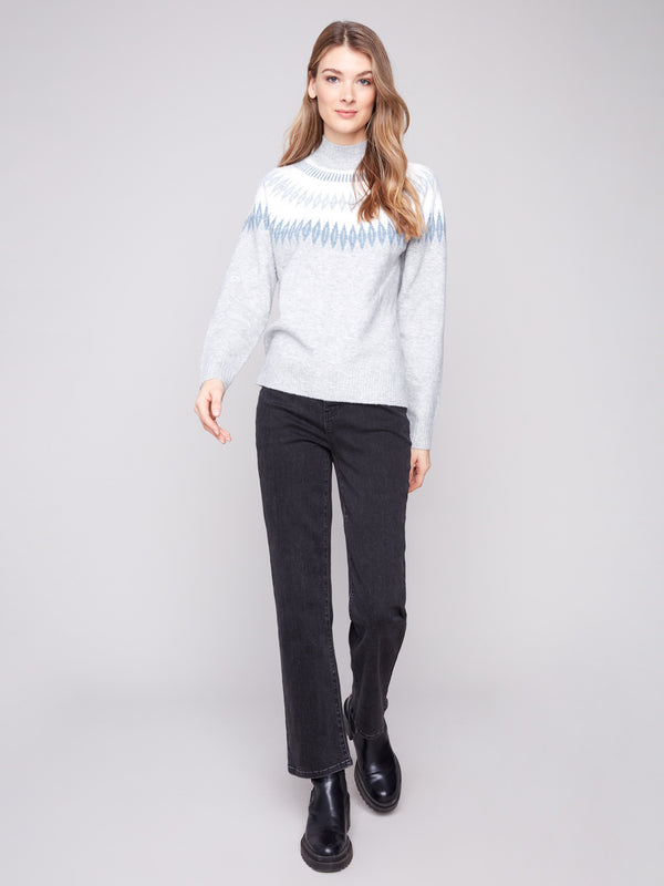 Chic heather grey sweater featuring long raglan sleeves and an intricate jacquard design for a modern look by Charlie B.