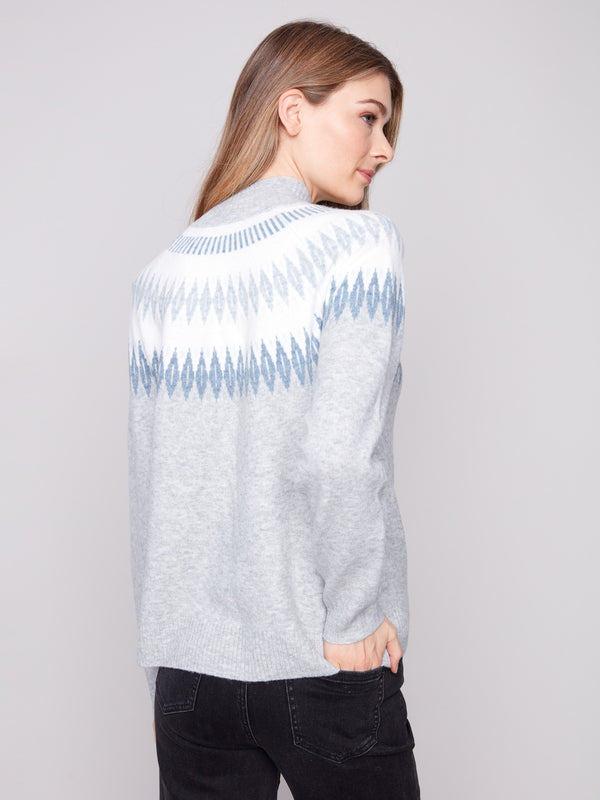 Heather grey sweater with relaxed fit and striking geometric jacquard detailing, perfect for any casual outing by Charlie B.