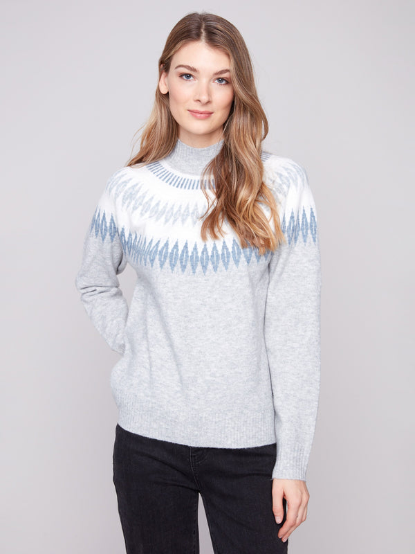 Stylish light grey mock neck sweater with raglan sleeves and subtle jacquard design, ideal for layering by Charlie B.