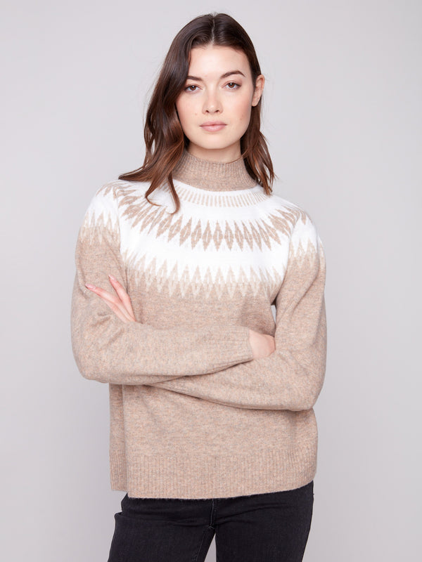 Beige sweater with geometric jacquard and mock neck, featuring a relaxed fit for ultimate comfort by Charlie B.