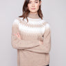 Beige sweater with geometric jacquard and mock neck, featuring a relaxed fit for ultimate comfort by Charlie B.
