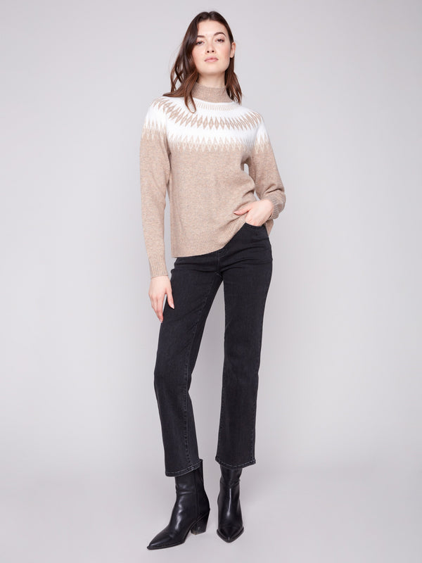 Elegant sweater in heather beige with mock neck and stylish raglan sleeves, perfect for any occasion by Charlie B.