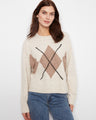 Sweater with a classic crew neckline, showcasing an intricate argyle pattern for a timeless look. By Charlie B.