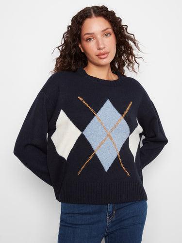 Sweater with a cozy crew neckline, featuring a stylish argyle pattern in blue and white. Perfect for casual outings by Charlie B.